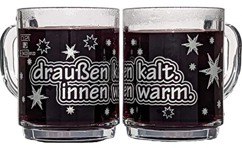 Glasveredlung Schmitz Glühweinbecher Glühweintasse 27 cl, schwere Ausführung 320 g, stapelbar, gehärtet, Füllstrich 0,2 l, Dekor draußen kalt innen warm, 6 Stück