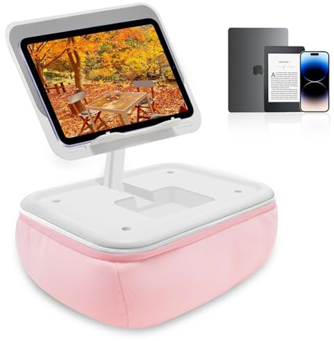 CGBE Adjustable Tablet Stand for Bed with Pillow & Non-Slip Base - Bed iPad Holder for Reading, Tiltable Laptop Stand Compatible with Kindle, Books Up to 15.6 (Pink)