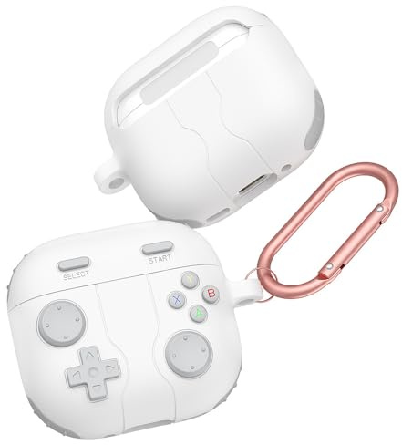 ROKOLOOM AirPods 4 Hülle aus Flüssigsilikon – AirPods 4 Case, Spielgriff-Design, Schutzhülle mit Karabiner, rutschfest, Waschbar, Anti-Fingerabdruck (White)