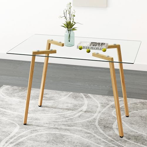 Merax Table à manger rectangulaire en verre 110 x 70 cm, pour 4 à 6 personnes, plateau de table de 0,31 pouces d'épaisseur, cadre en métal, convient pour restaurant, salon, cuisine, salon, verre/doré