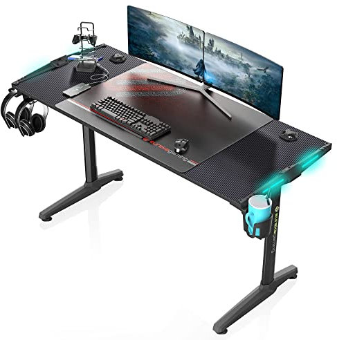 Large Gaming Desk 140 x 60 cm with LED Lights, Mouse Pad, USB Ports, Controller Stand, Cup Holder and Headphone Hook - Ultimate Gaming Setup Essentials