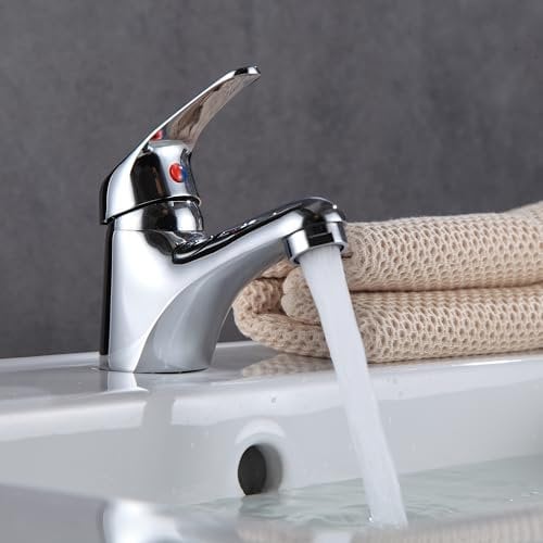 Mono Basin Mixer Tap Single Lever - Chrome Bathroom Sink Faucet Deck Mounted with G1/2 UK Standard Hoses, Brass Construction Hot & Cold Water Control for Bathroom/Kitchen