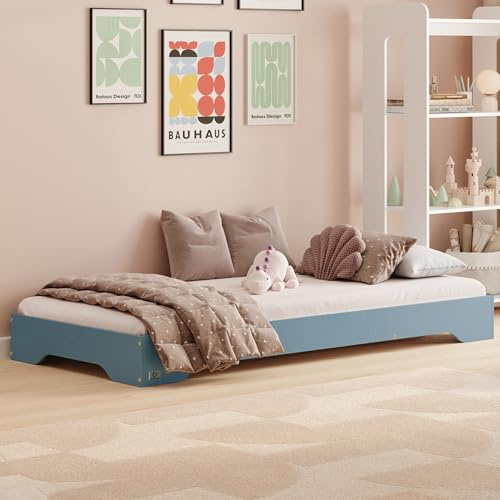 smartwood Kinderbett 70x160 Blau - Bodenbett aus Kiefernholz mit FSC-Zertifikat - Montessori Bett mit gebogenem Lattenrost bis zu 230 kg für Jungen und Mädchen - Einfache Montage - TILA 7