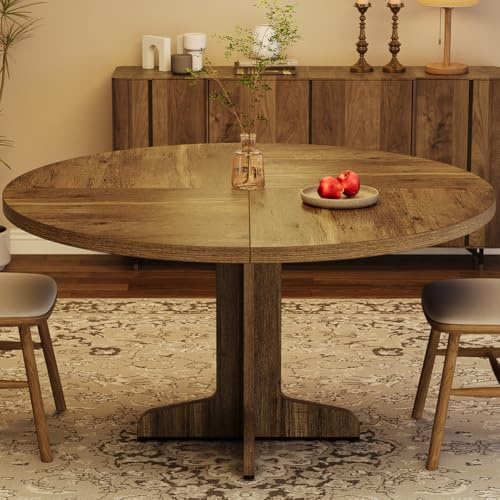 GarveeMore Mesa Redonda de Comedor - Diámetro 120 cm, Grosor 3 cm, Mesa Grande, Altura Regulable, Madera Maciza Resistente, para 4 o más Personas, Color Retro