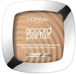 L'Oréal Paris - Poudre Fondante Perfectrice Bienfaisante - Enrichie en Pigments Minéraux & Acide Hyaluronique - Tous les Types de Peaux - Accord Parfait - Teinte : Beige Doré (3.D) - 9 g