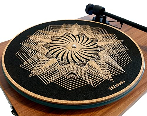 TAZstudio Cork Turntable Mat for Better Sound Support on Vinyl LP Record Player - Original Geometric Design Psychedelic Geometric Black Light Art [4mm Thickness]-m5