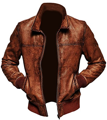 Giacca in vera pelle da uomo | Giubbotto da motociclista in vera pelle di agnello | Realizzata con pelle invecchiata in stile vintage, Marrone castano, M