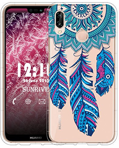 Sunrive Für Huawei P20 Lite Hülle Silikon, Transparent Handyhülle Schutzhülle Etui Case für Huawei P20 Lite(TPU blau Traumfänger)+Gratis Universal Eingabestift