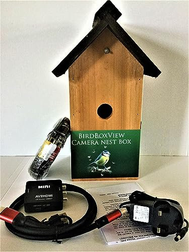 Birdboxview cedar wood nestbox with fitted cctv colour cabled camera. Watch birds nesting on a TV. Includes 20m audio visual extension cable. Lovely gift for birdwatchers.