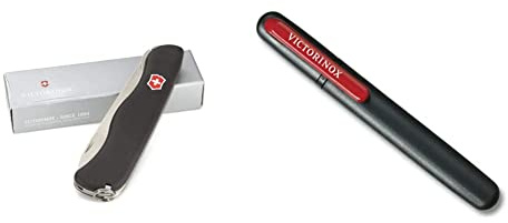 Victorinox Taschenmesser Sentinel (4 Funktionen, Grosse Feststellklinge, Leicht) schwarz & Dual-Messerschärfer, Tragbar, Schleifstein für Grobschliff, Keramikplättchen für Feinschliff