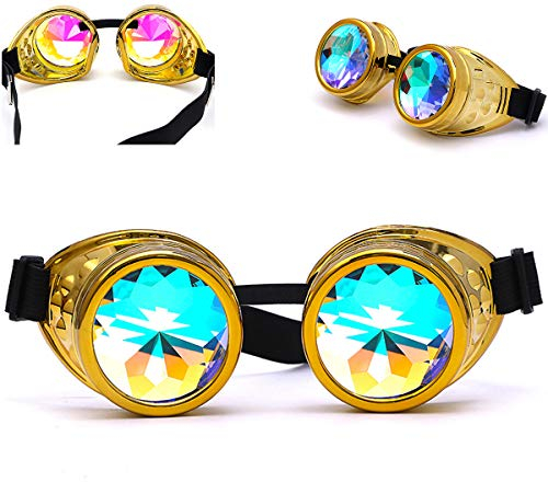 DODOING Kaleidoskop Brille Steampunk Rave Brille Brille Kristall Regenbogen Kaleidoskop Rave Brille Regenbogen Kristall Glas Linse, gold, One size