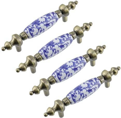 Mironey Schubladenknauf, 7,6 cm, Lochmitte zu Mitte, Blau und Weiß, Porzellan, blaue Blumen, Blumen, Schrankgriffe, Keramik, Antik-Bronze, 4 Stück