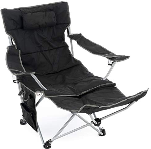 Nexos Trading Campingstuhl Campingliege gepolstert abnehmbare Fußstütze verstellbar Armlehnen 2 Getränkehalter Kopfkissen 100 kg Polyester Stahlgestell blau schwarz faltbar Farbe wählbar (Schwarz)