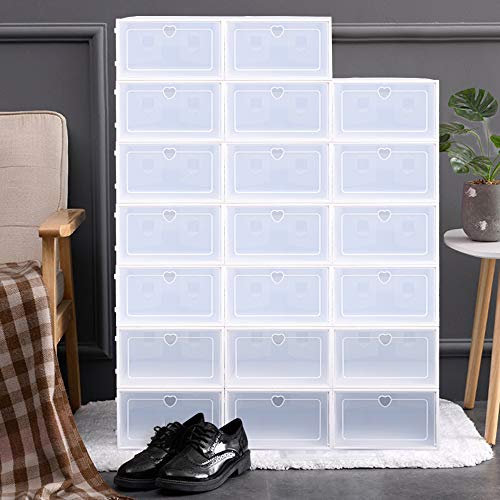 Futchoy 20 Stück Schuhboxen, Stapelbar Transparent Aufbewahrungsbox aus Kunststoff, Faltbarer Schuhkarton mit Deckel, Schuhaufbewahrung Schuh Organizer für Schuhe (33 x 23 x 14 cm)
