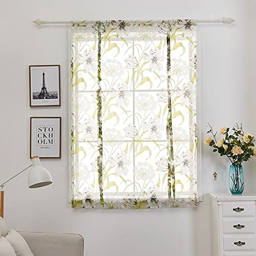 SMITHOOM 1 Pieza Persianas Romanas Flores Impresión Transparente Tul Cortina Visillos Barra Bolsillo para Cocina Baño Balcón Pequeña Ventana Verde 120x120cm