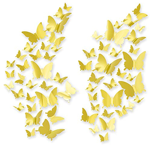 60pcs Schmetterlinge 3D, CAYUDEN Gold 3D Spiegel Wandaufkleber Schmetterlinge DIY Wanddeko Aufkleber 3D Schmetterlinge zum Kleben Wandsticker für Party Dekoration, Hochzeit, Kuchen, Wohnkultur(Gold)