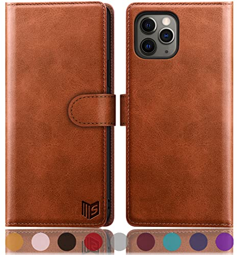 SUANPOT [RFID Schutz für iPhone 11 Pro Max 6,5-Zoll Hülle PU Leder Handyhülle Lederhülle Klapphülle Kartenfach Flip Cover für Apple 11 Pro Max Handy hülle Leather Wallet Phone Case Hellbraun