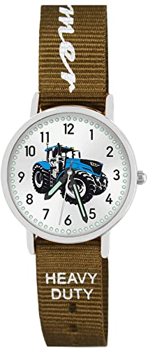 Pacific Time Kinder Armbanduhr Jungen Traktor für Kinder blau Trecker Kinderuhr Auto Car Textilarmband Farmer Heavy Duty Leuchtzeiger Analog Quarz 87542