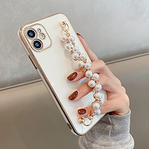 For iPhone 12 13 Pro Max Case 6D Plating Pearl Chain Phone Case For iPhone 11 Pro Max XR XS Max 7 8 Plus X Wrist Band Soft Cover,White,For iPhone 12