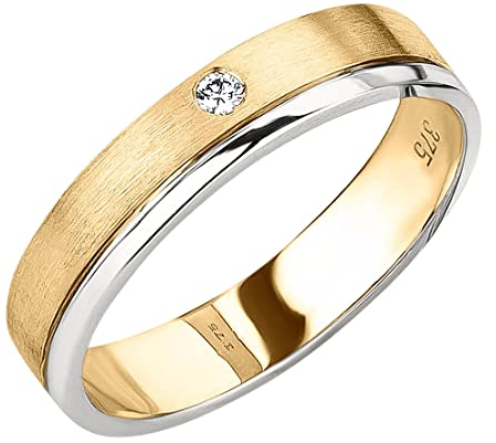 Ardeo Aurum Damenring Trauring 375 Gold Bicolor Gelbgold-Weißgold 0,02 ct Diamant Brillant 4 mm Breite Ehering Verlobungsring Modell 187 Größe 52