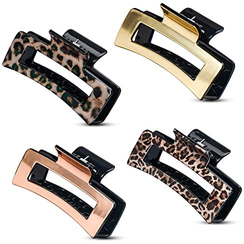Hair Claws 4 pcs Claw Clip Set Rectangle Retro Gold Metallic Leopard Print Tortoise Shell Claw Hair Clips For Girls Women Medium To Large Size 8.5cm