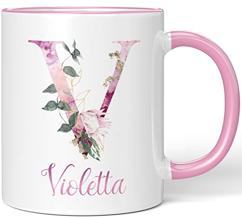 JUNIWORDS Tasse, Violetta, Name Anfangsbuchstabe Initial Alphabet Floral Buchstabe V Monogramm Motiv, Rosa (5548140)