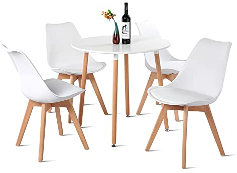 FURNITABLE Set aus Runder Esszimmertisch mit 4 Weißer Stühlen | Essgruppe 5-teilig | Esszimmergruppe für Esszimmer Küche Wohnzimmer | Weißer Esstisch