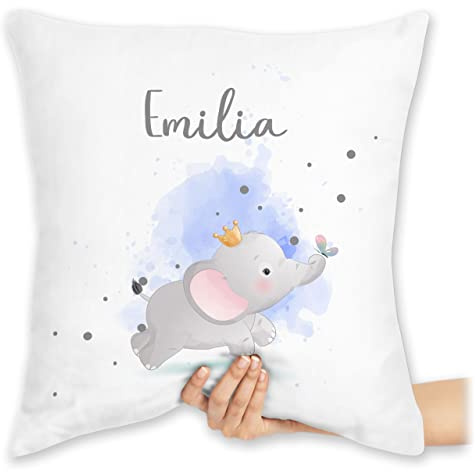 Kissen 40x40 Zierkissen - Tiere - Süßer Elefant mit Name personalisiert I Geschenk Elefanten - 40 x 40 cm - Weiß - Tier personalisierte Geschenke und Tieren Personalisieren Dino tiermotiv