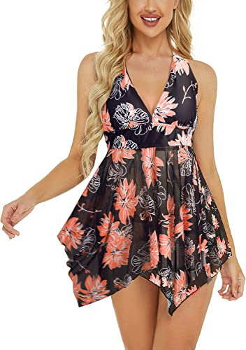 Danfiki Maillot de Bain pour Femme Col en V Profond Natation Bikini 2 Pièces à Jupette Elégante Imprimé Taille Haute