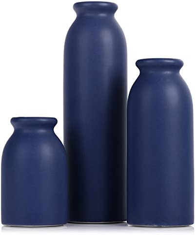 Blaue Keramikvasen, 3er-Set, dekorativ, wasserdicht, marineblau, für Tafelaufsätze, Bauernhaus und Heimdekoration, ideal für Wohnzimmer, Küche, Schlafzimmer, Esstisch und Büro