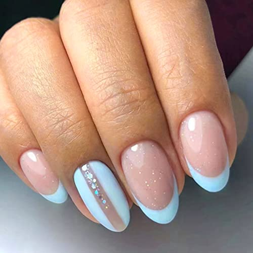 Almond Press on Nails Short, 24Pcs Blue French Tips False Nails with Glitter Design, Glossy Stick on Nails Artificial Oval Shape Elegant Fake Nails for Women Girls Manicure Salon