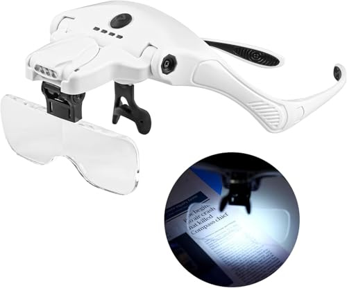 Minidiva Beleuchtete Lupe mit Stirnband, mit LED-Licht, Kopfhalterung, Lupe, Brille, Visier, freihändige Headset-Lupe für Naharbeiten, Nähen, Basteln, Lesen, Reparaturen, Schmuck