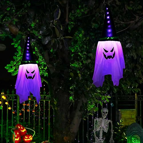 BLOOMWIN Halloween Deko Garten Outdoor Gruselig - 2Stück 1M Geister Mit Hexenhut Halloween Dekoration, LED Lichterkette Außen Batterie Für Wand Balkon Tür Party Wohnzimmer Innen, Herbstdeko Weiß