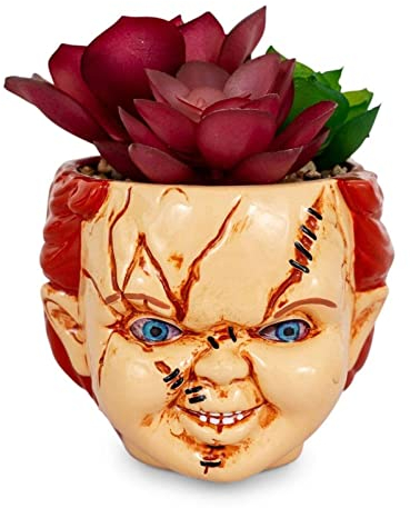 EJWCIG Maceta de película de terror, decoración de Halloween, mini cabeza aterradora, calavera divertida, maceta gótica única con agujero de drenaje (Chucky)