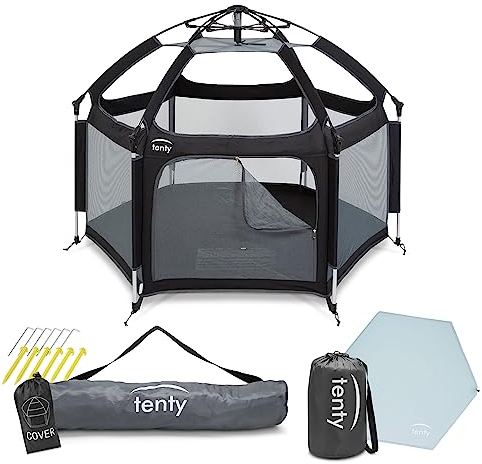 Tenty Juego de parque infantil para bebé emergente para interiores y exteriores,150x100cm,parque móvil con bolsa de transporte,techo UV y alfombrilla para el suelo,para casa,viajes,camping,negro/azul