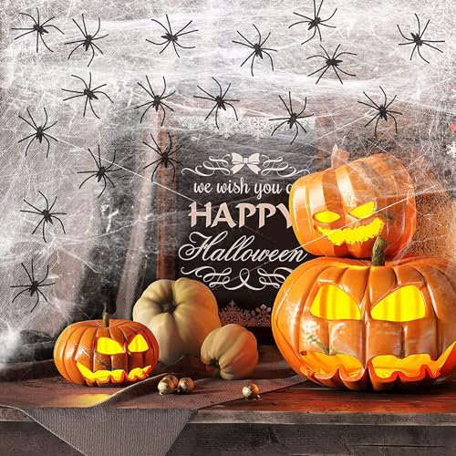 BELSVOR Halloween Deko Spinnennetz, 100g Halloween Deko Spinnennetz & 40 Schwarze Spinnen, Spinnennetz Halloween Deko für Fenster/Schlafzimmer/Türen/Garten, Spinnennetz Halloween DEKO
