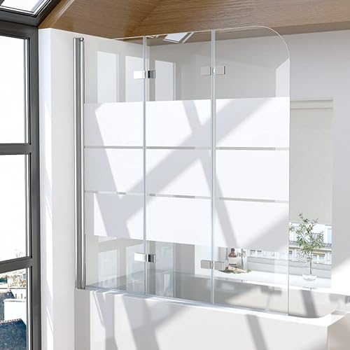 Duschabtrennung für Badewanne 3-teilig 140x140cm Duschwand, Faltbar Gestreift Glas Badewannenaufsatz 6mm ESG Sicherheitsglas, Duschtrennwand Trennwand Streifenmuster