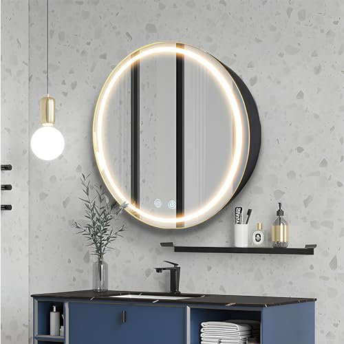 Janboe 51cm Round Mirror Cabinet with Lights,with Defogger,Dimmable,Anti-Fog,3 Colors,Black