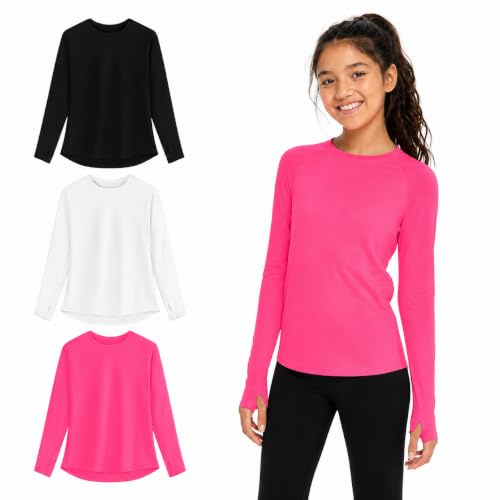 EXARUS Langarm-Shirts für Mädchen, athletisch, schnell trocknend, LSF 50+, mit Taschen, Daumenlöchern, Workout, Teenager