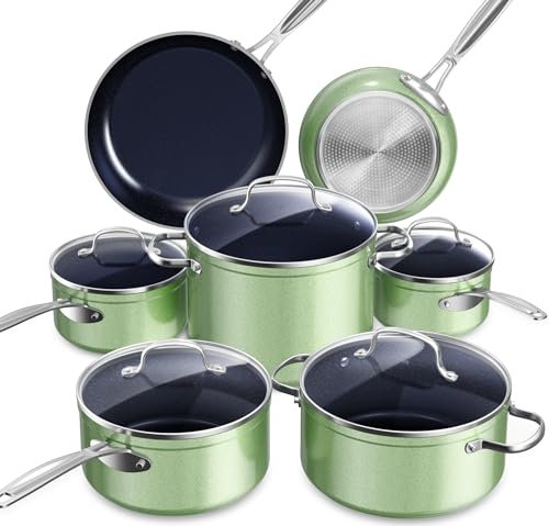 Nuwave Healthy Duralon Blue Ceramic Nonstick Cookware Set, Diamond Infused Scratch-resistant, PFAS Free, Dishwasher & Oven Safe, Induction Ready & Evenly Heats, Tempered Glass Lids & Stay-Cool Handles