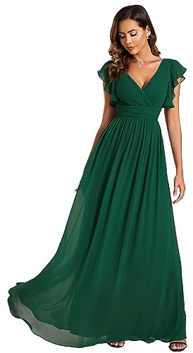 Ever-Pretty Robe de Soirée Dos Nu pour Femme Manches Volantées Mousseline Col V Plissé Robe de Demoiselle d'honneur Longue Élégante Vert Foncé 42