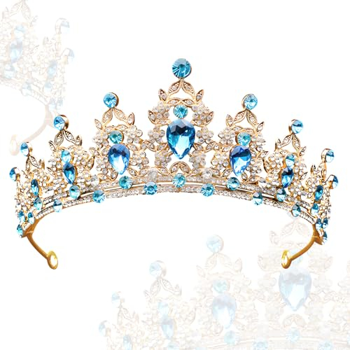 Snowtain Hochzeit Tiara, 1 Pcs Kristalle Prinzessin Krone, Kristall Krone Tiara, Hochzeit Braut Kristall Tiara für Brautkrone,Hochzeit, Abschlussball,Festzug (Blaues Diamantgold)