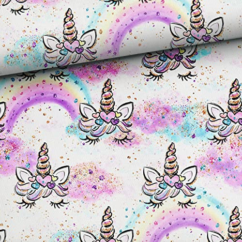 Keine Meterware, Stoffe zum Nähen für Kinder und Damen, 100% Baumwolle: 1m Premium Baumwollstoff mit Tiere Einhorn Lashes Regenbogen - Mädchen und Frauen Kinderstoff - rosa pink mint gold lila türkis
