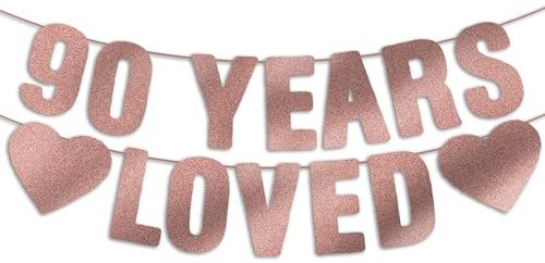 Pre-Strung 90th Birthday Banner - Rose Gold Glitter, Happy 90th Birthday Decorations for Women, 90 Year Old Party Decor Sign for Her