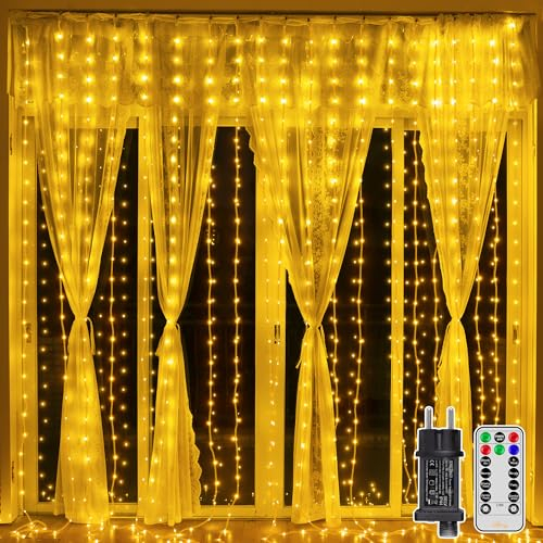 Ollny 3×3m 300 LED Lichtervorhang, Lichtervorhang aussen mit 8 Modi, IP67 wasserdicht Weihnachtsbeleuchtung mit Fernbedienung, Timer und Dimmbar, für Weihnachten Party Fenster Balkon (Warmweiß)