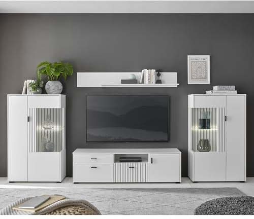Lomadox Wohnzimmer Wohnwand 2 Highboards 150cm Lowboard Wandregal weiß matt schwarz gerillt modern