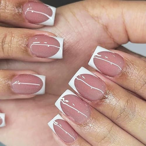 MrCuvaryas French Press On Nails Kurz Nagelsticker Französischer Nägel Zum Aufkleben, Elegantes Design Nail Art, Glossy Kunstnägel Selbstklebende Nail tips (White Glitter)