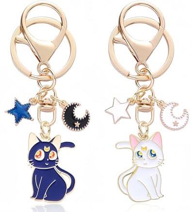 IPNSDON 2 Stück Sailor Moon Schlüsselanhänger, Cartoon Niedlich Magie Katze Schlüsselanhänger, Sailor Moon Anime Figur Souvenir Schlüsselringe,für Tasche Handy Auto Teenager Mädchen Katzenliebhaber
