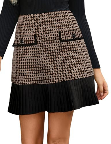 Kate Kasin Jupe plissée pour femme - Taille haute - En tweed - Mini jupe courte à carreaux - Jupe de loisirs élégante - Mini jupe courte - Décoration de poche, Noir/café/carreaux, XXL