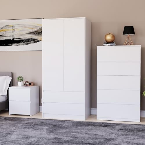 Vida Designs Denver Bedroom Furniture Set (White, 3pc-5 DWR Chest+2 Dr Wardrobe+2 DWR Bedside Table)